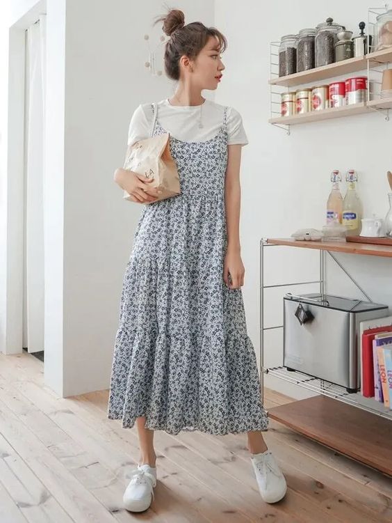 Casual Layered Blue Floral Sundress with White Tee